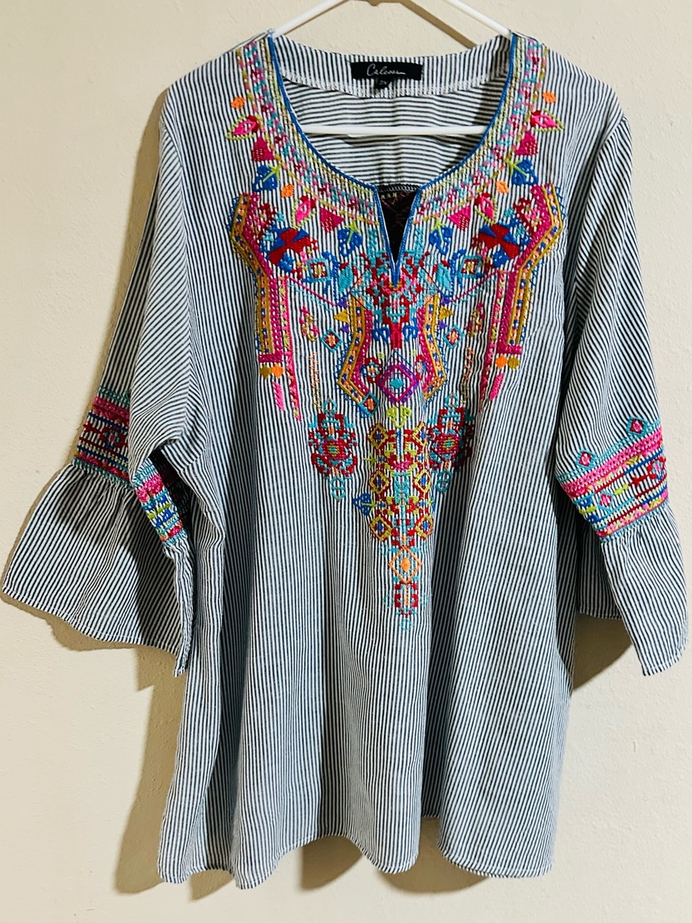 Calessa Striped Embroidered Tunic in Gray & White Stripes-100% cotton